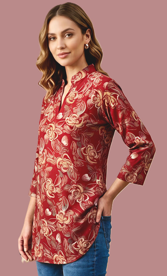 Sumistyle Women’s Red Floral Printed Cotton Kurti Top – 3/4 Sleeve Casual Tunic