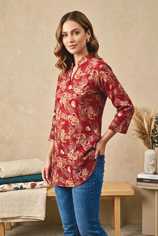 Sumistyle Women’s Red Floral Printed Cotton Kurti Top – 3/4 Sleeve Casual Tunic