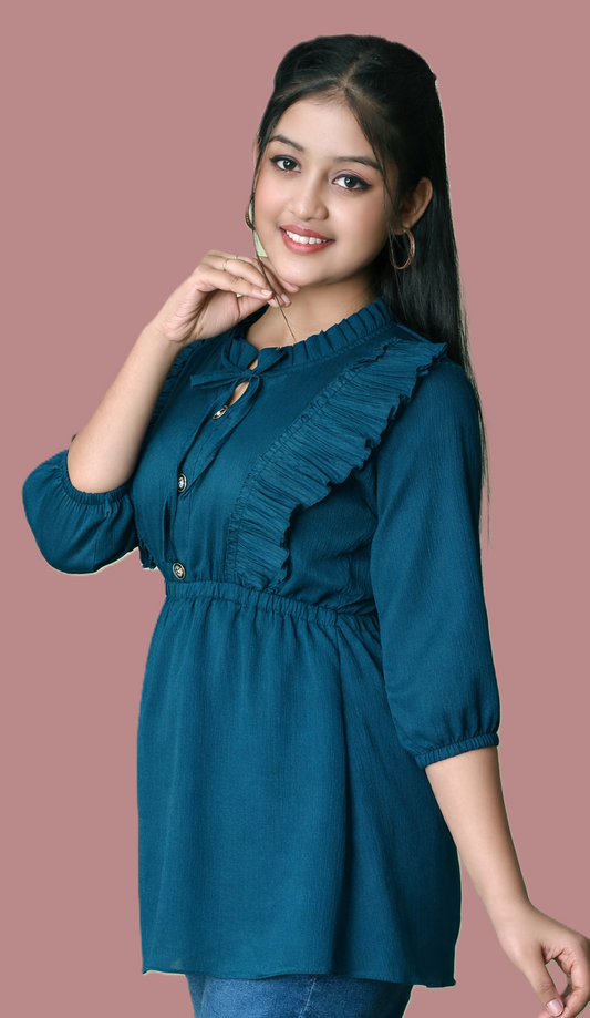 Sumistyles Designer Girls Top with Ruffles | Teal | 3/4 Sleeve | Party & Casual Wear | Crepe Fabric (Copy)