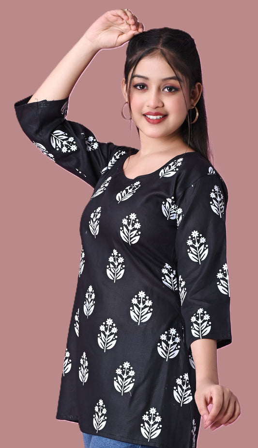 Sumistyles Trendy Women's Short Kurti in Soft Rayon | Navy Blue, Ikat Print, 3/4 Sleeve, Stylish Neck Design | Perfect for Jeans & Leggings | Comfortable and Breathable Daily Wear | Ideal for Office & Outings