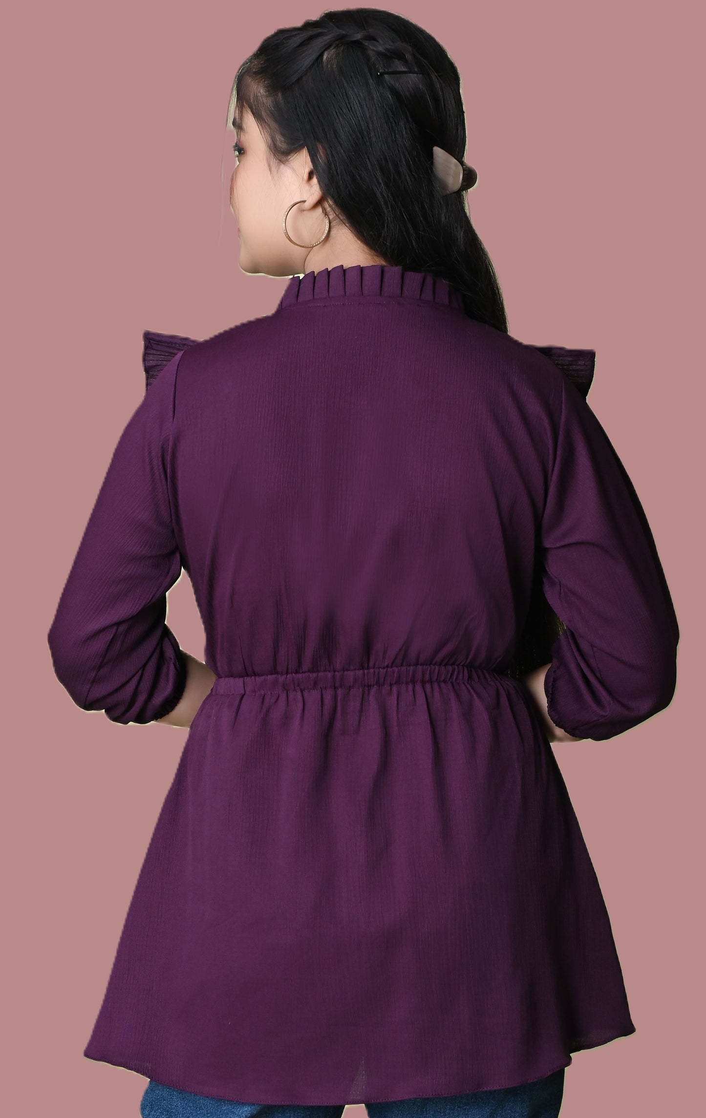 Sumistyles Women’s Wine Purple Crepe Peplum Top with Ruffle Neck & Bell Sleeves – Stylish Casual & Party Wear Tunic