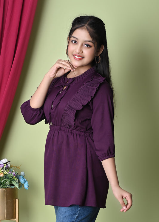 Sumistyles Designer Girls Top with Ruffles | Elegant Purple | 3/4 Sleeve | Party & Casual Wear | Crepe Fabric