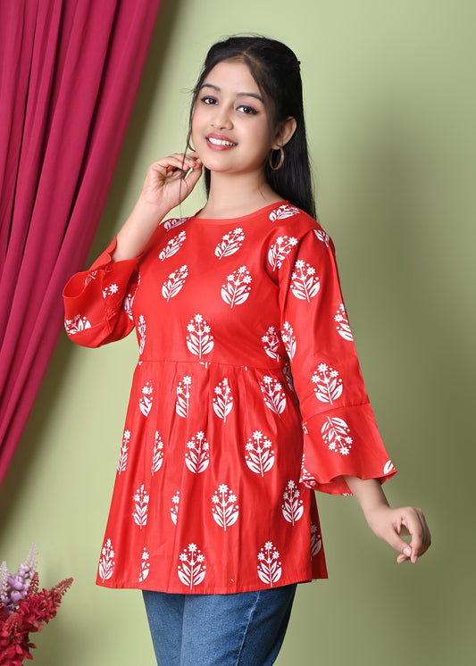 Sumistyles Red Floral Printed Women’s Peplum Kurti Top – 3/4 Bell Sleeve Casual Ethnic Tunic for Daily & Office Wear