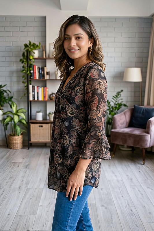 Sumistyles Women’s Black Floral Printed Rayon Tunic Top