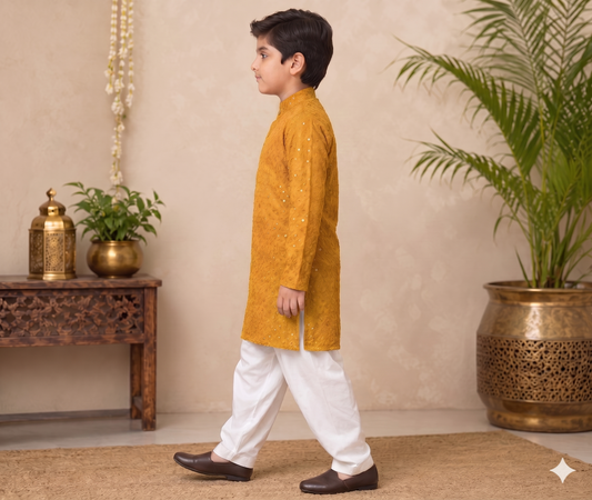 Boys Yellow Embroidered Kurta Pajama Set | Ethnic Wear for Boys | Festive & Wedding Traditional Outfit