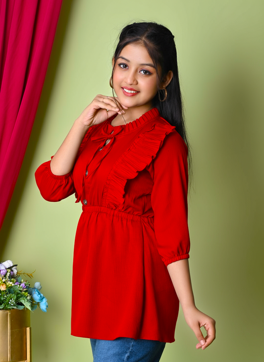Sumistyles Girls Red Top with Ruffle Design & Tie-Up Neck | Stylish 3/4th Sleeve Casual/Party Wear Top | Crepe fabric