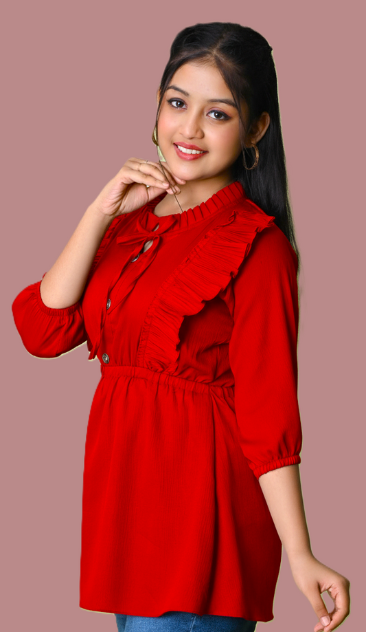 Sumistyles Girls Red Top with Ruffle Design & Tie-Up Neck | Stylish 3/4th Sleeve Casual/Party Wear Top | Crepe fabric