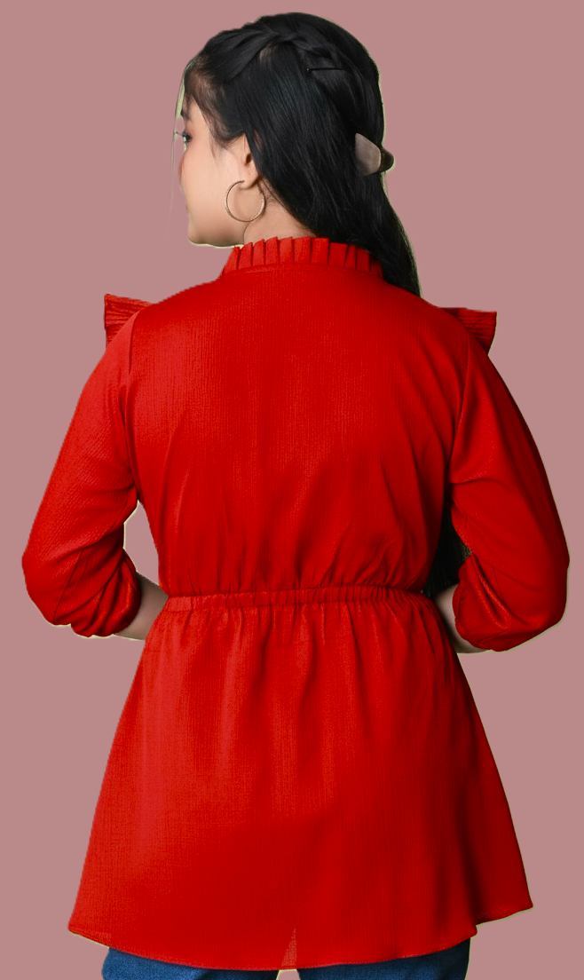 Sumistyles Girls Red Top with Ruffle Design & Tie-Up Neck | Stylish 3/4th Sleeve Casual/Party Wear Top | Crepe fabric
