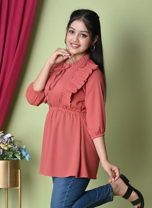 Sumistyles Girls Peach Top with Ruffle Design & Tie-Up Neck | Stylish 3/4th Sleeve Casual/Party Wear Top | Crepe fabric