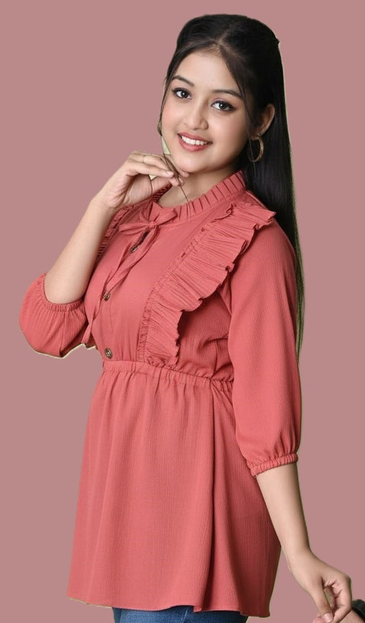Sumistyles Girls Peach Top with Ruffle Design & Tie-Up Neck | Stylish 3/4th Sleeve Casual/Party Wear Top | Crepe fabric