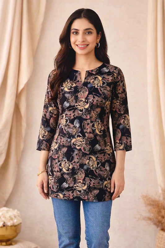 Sumistyles Women’s Black Floral Printed Rayon Tunic Top