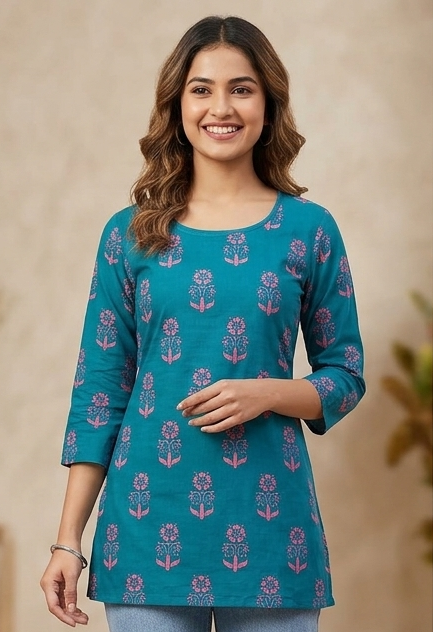 Women's Teal Blue Floral Printed Cotton Blend Tunic Top | 3/4 Sleeves Casual & Office Wear Kurti Top for Women
