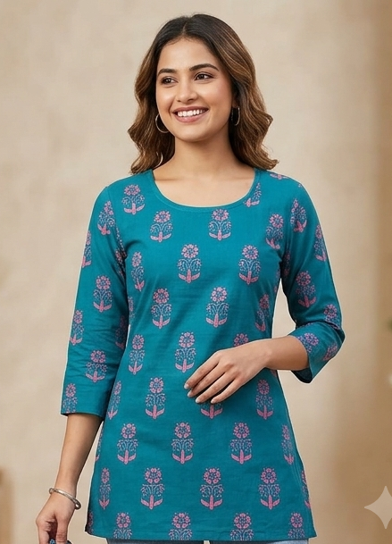 Women's Teal Blue Floral Printed Cotton Blend Tunic Top | 3/4 Sleeves Casual & Office Wear Kurti Top for Women