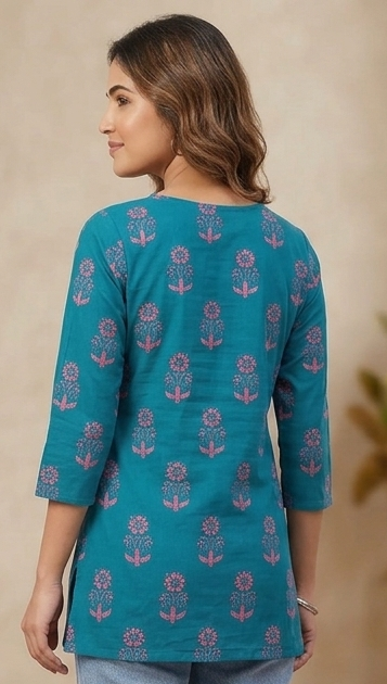 Women's Teal Blue Floral Printed Cotton Blend Tunic Top | 3/4 Sleeves Casual & Office Wear Kurti Top for Women