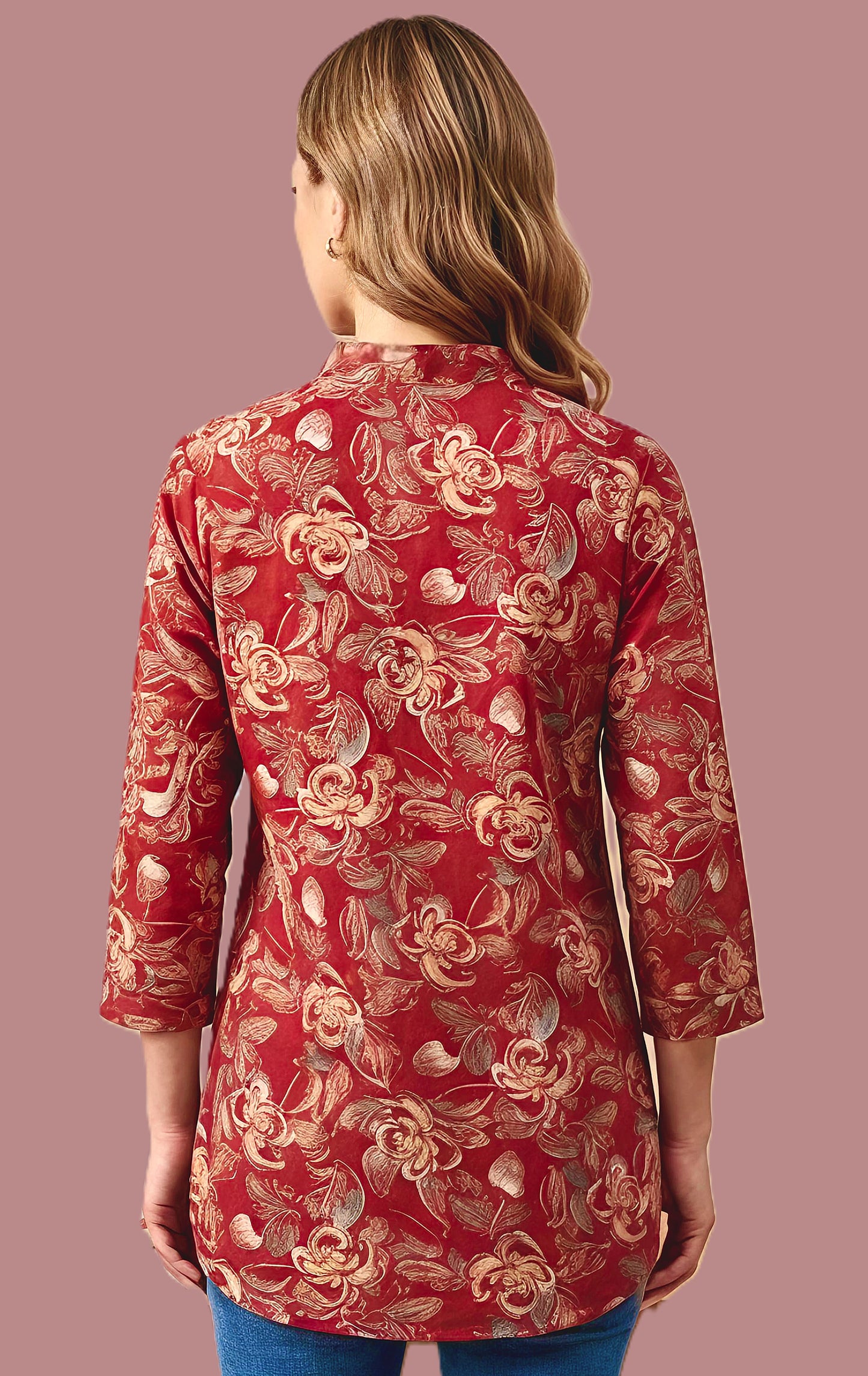 Sumistyle Women’s Red Floral Printed Cotton Kurti Top – 3/4 Sleeve Casual Tunic