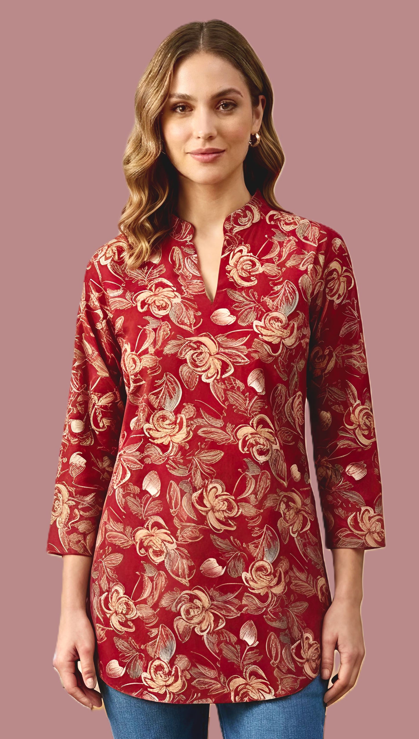 Sumistyle Women’s Red Floral Printed Cotton Kurti Top – 3/4 Sleeve Casual Tunic