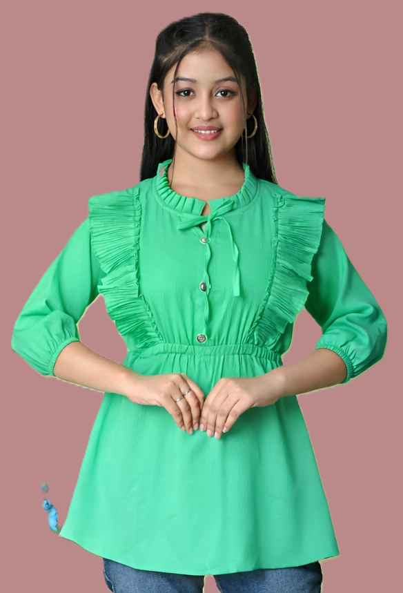 Sumistyles Designer Girls Top with Ruffles | Elegant Aqua | 3/4 Sleeve | Party & Casual Wear | Crepe Fabric