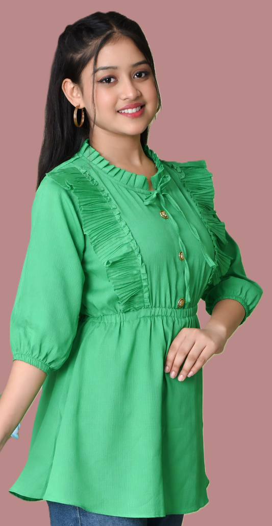 Sumistyles Designer Girls Top with Ruffles | Elegant Aqua | 3/4 Sleeve | Party & Casual Wear | Crepe Fabric