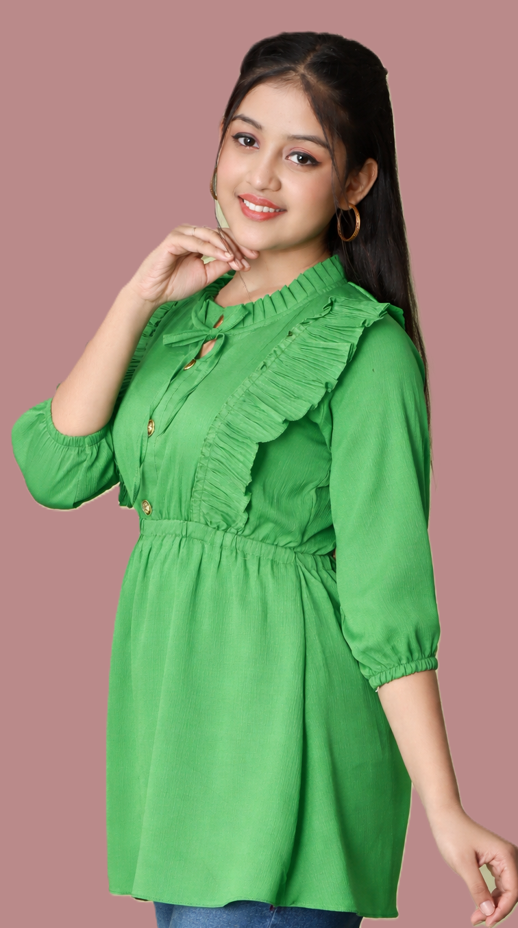 Sumistyles Designer Girls Top with Ruffles | Elegant Aqua | 3/4 Sleeve | Party & Casual Wear | Crepe Fabric