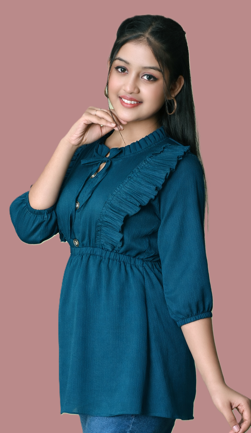 Sumistyles Designer Girls Top with Ruffles | Teal | 3/4 Sleeve | Party & Casual Wear | Crepe Fabric (Copy)