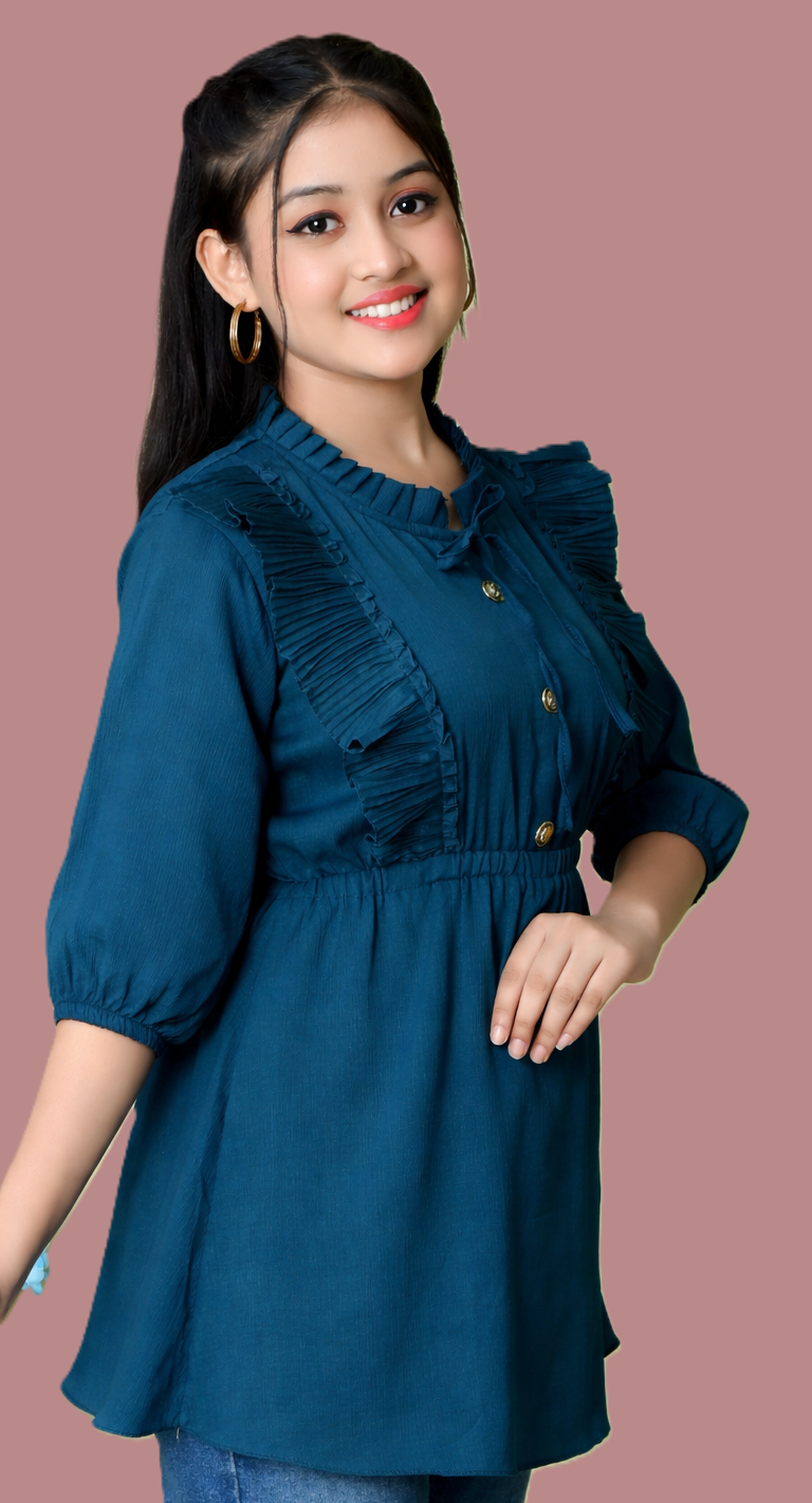 Sumistyles Designer Girls Top with Ruffles | Teal | 3/4 Sleeve | Party & Casual Wear | Crepe Fabric (Copy)