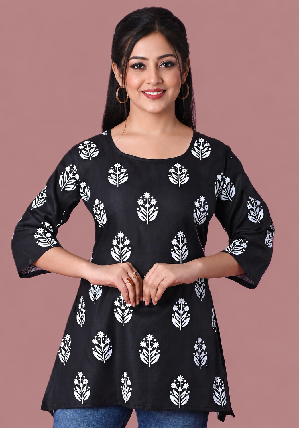 Sumistyles Black Floral Printed Women’s Rayon Kurti Top – 3/4 Sleeve Casual Ethnic Tunic for Daily Wear