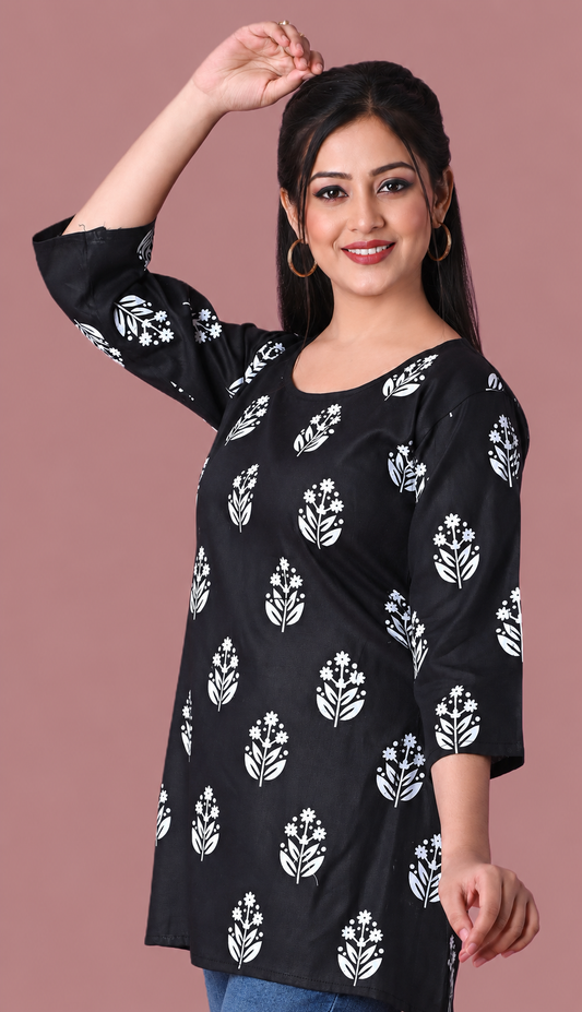 Sumistyles Black Floral Printed Women’s Rayon Kurti Top – 3/4 Sleeve Casual Ethnic Tunic for Daily Wear