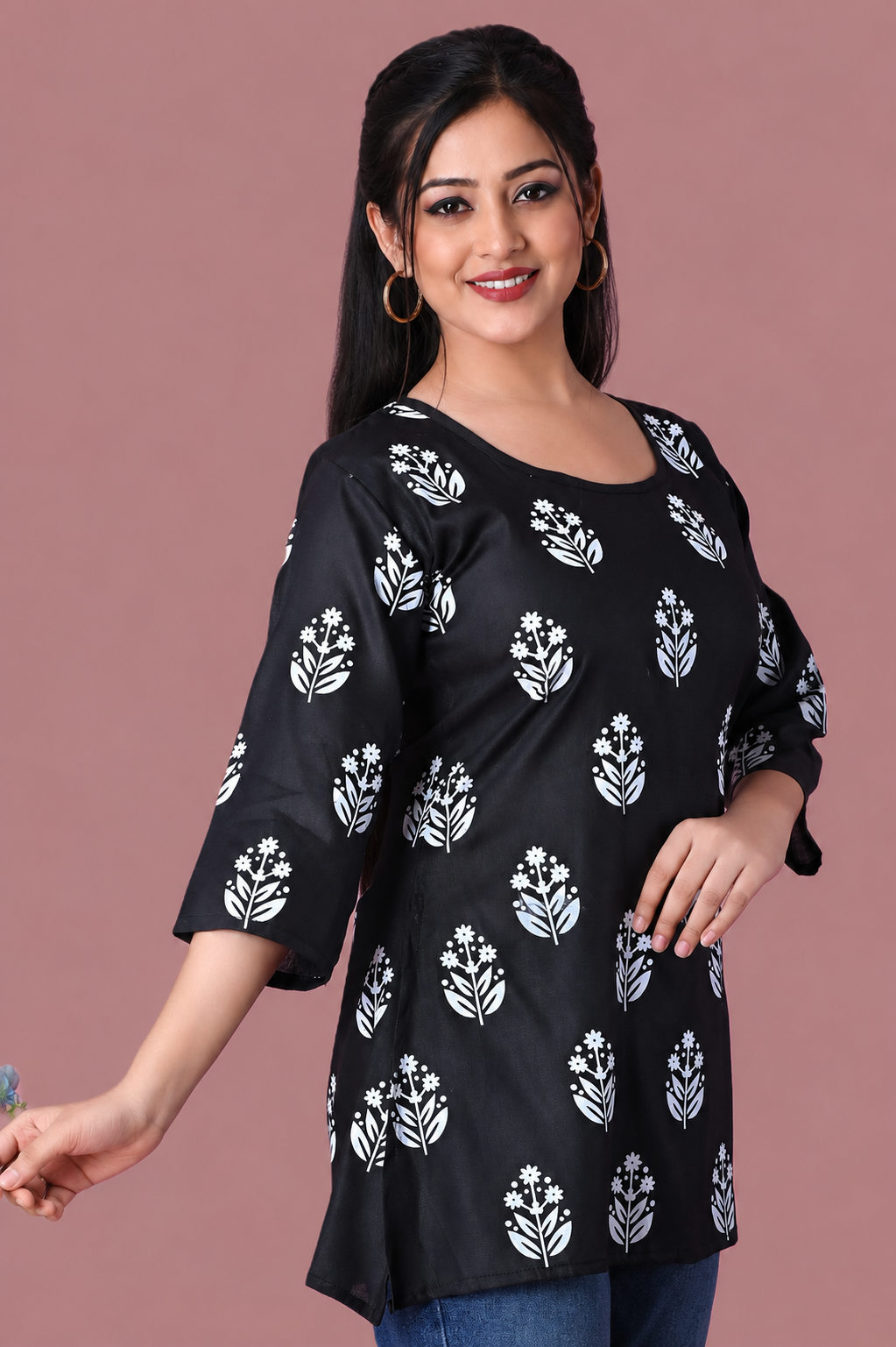 Sumistyles Black Floral Printed Women’s Rayon Kurti Top – 3/4 Sleeve Casual Ethnic Tunic for Daily Wear