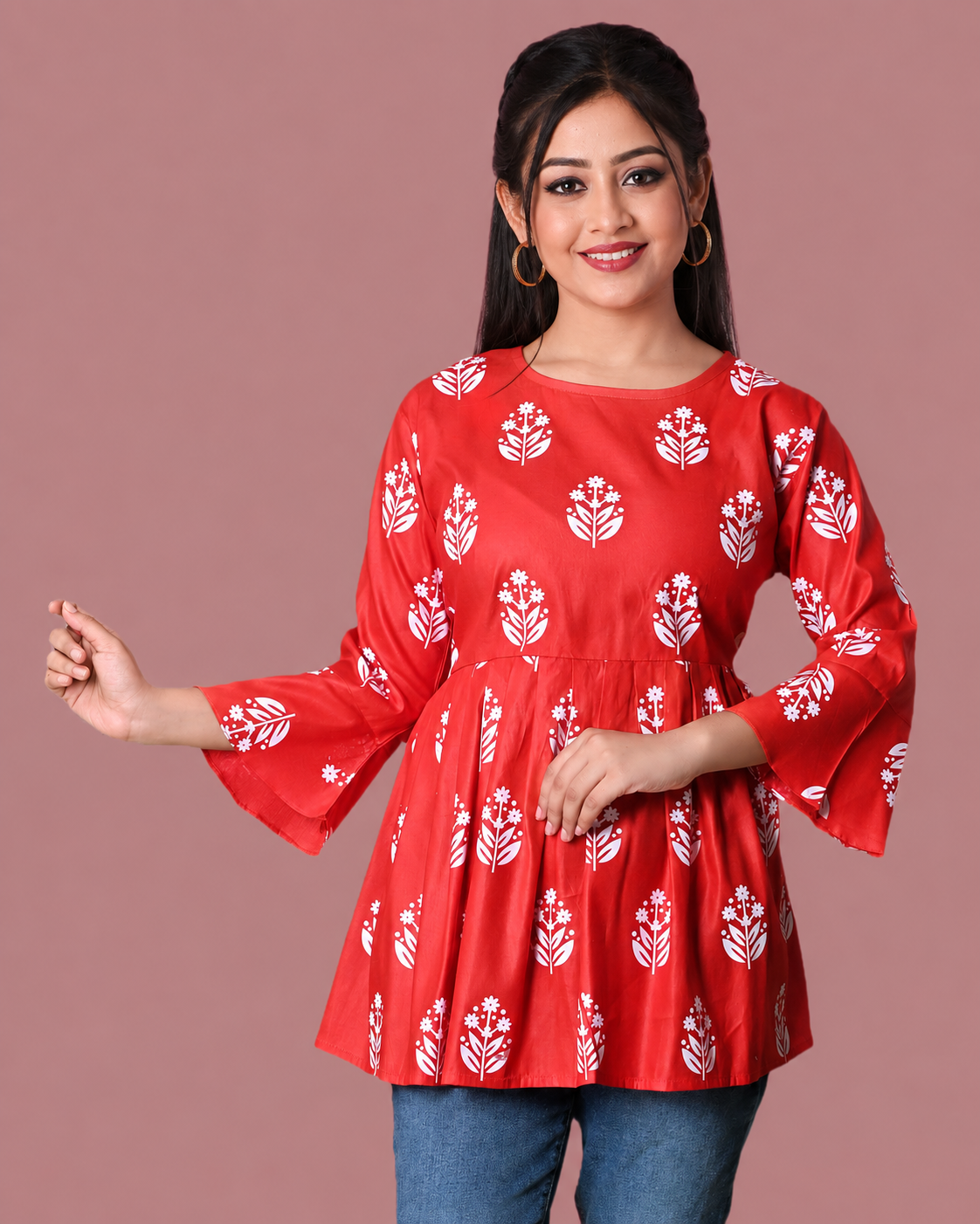 Sumistyles Red Floral Printed Women’s Peplum Kurti Top – 3/4 Bell Sleeve Casual Ethnic Tunic for Daily & Office Wear