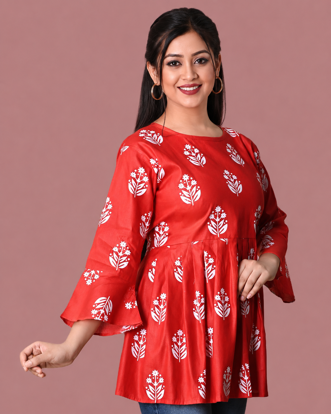 Sumistyles Red Floral Printed Women’s Peplum Kurti Top – 3/4 Bell Sleeve Casual Ethnic Tunic for Daily & Office Wear