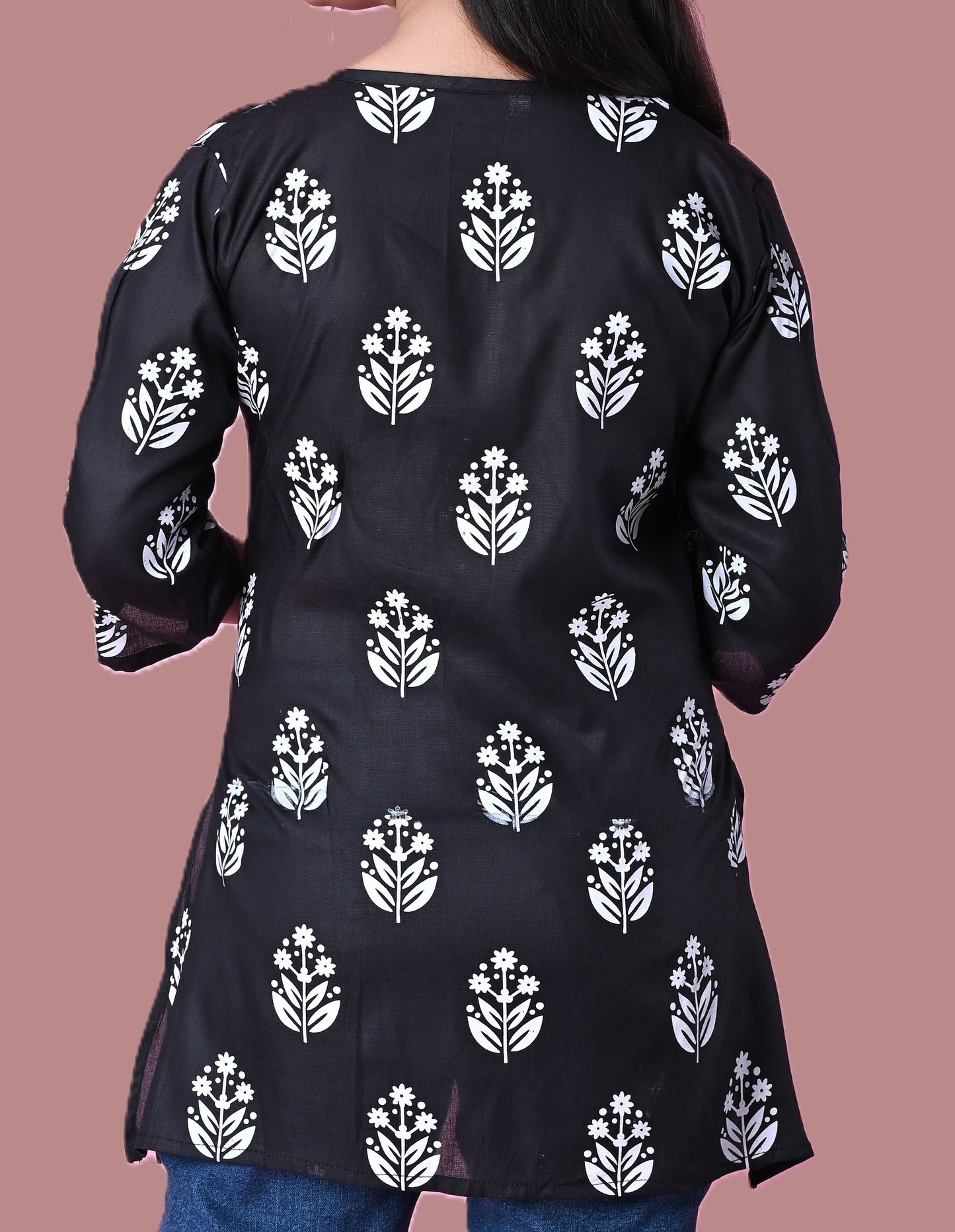 Sumistyles Black Floral Printed Women’s Rayon Kurti Top – 3/4 Sleeve Casual Ethnic Tunic for Daily Wear