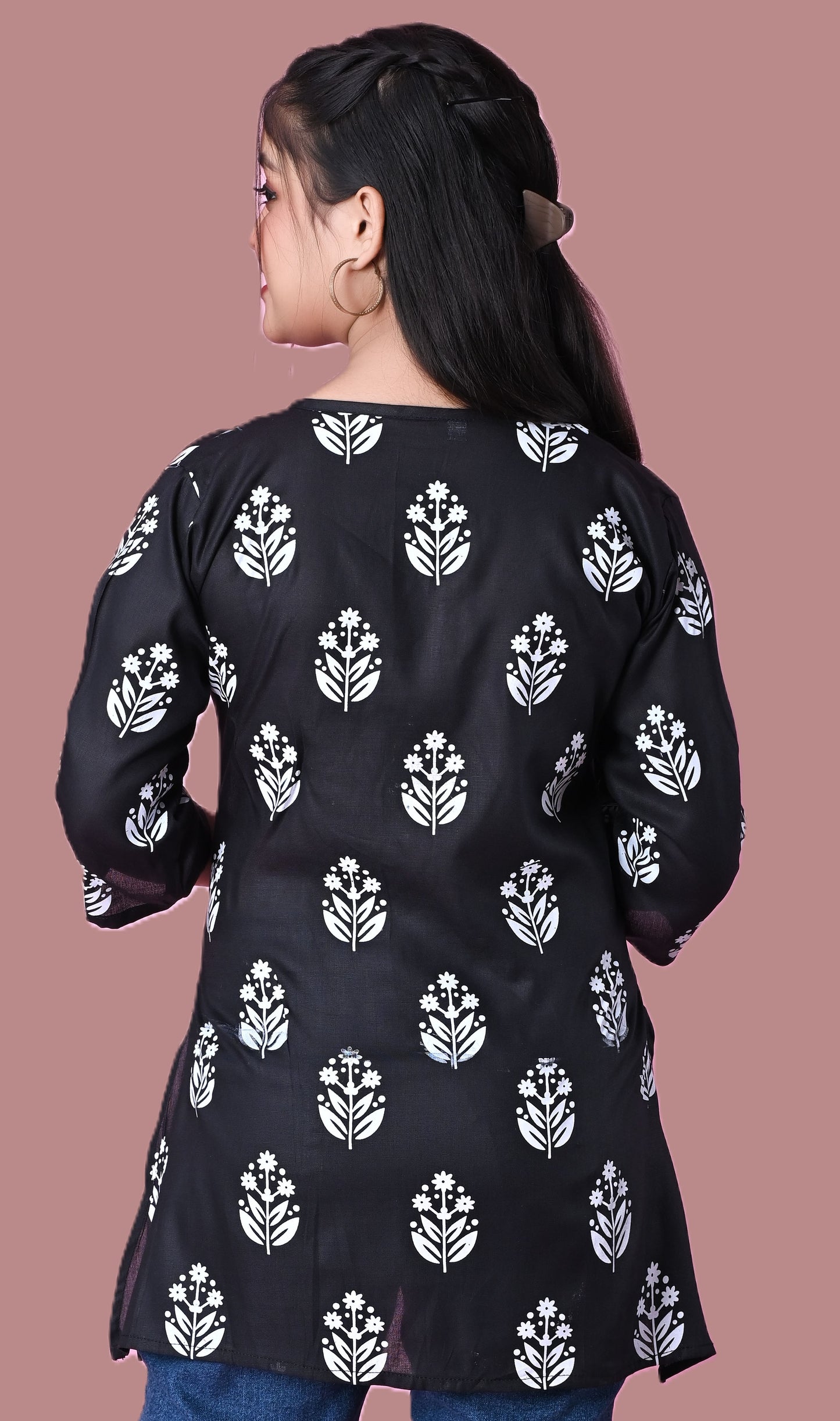 Sumistyles Trendy Women's Short Kurti in Soft Rayon | Navy Blue, Ikat Print, 3/4 Sleeve, Stylish Neck Design | Perfect for Jeans & Leggings | Comfortable and Breathable Daily Wear | Ideal for Office & Outings