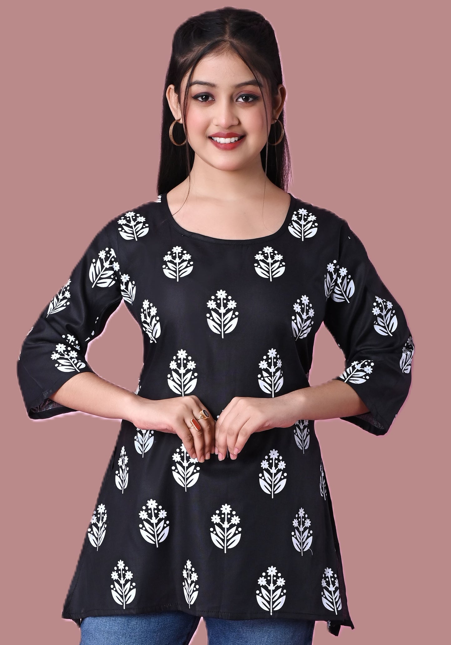 Sumistyles Trendy Women's Short Kurti in Soft Rayon | Navy Blue, Ikat Print, 3/4 Sleeve, Stylish Neck Design | Perfect for Jeans & Leggings | Comfortable and Breathable Daily Wear | Ideal for Office & Outings