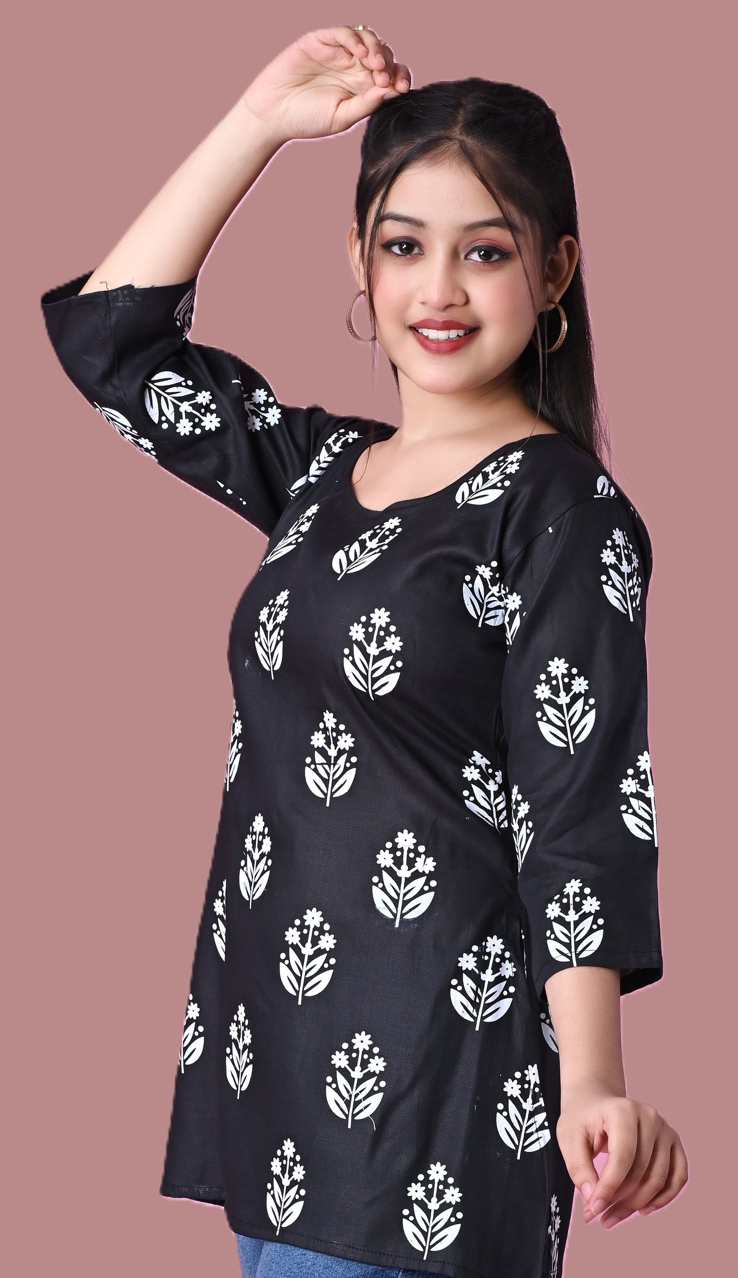 Sumistyles Trendy Women's Short Kurti in Soft Rayon | Navy Blue, Ikat Print, 3/4 Sleeve, Stylish Neck Design | Perfect for Jeans & Leggings | Comfortable and Breathable Daily Wear | Ideal for Office & Outings