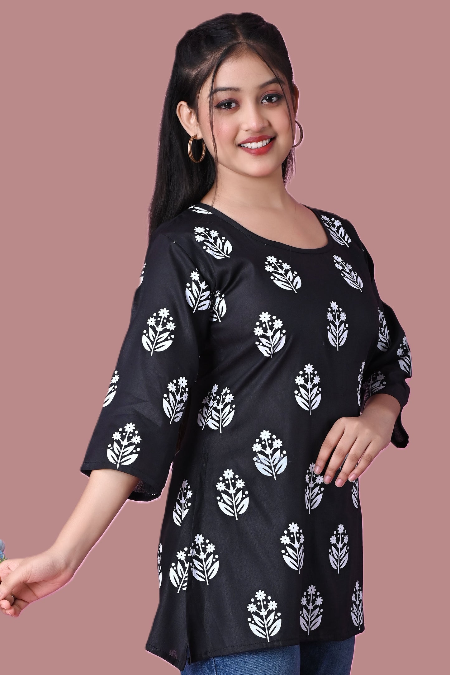 Sumistyles Trendy Women's Short Kurti in Soft Rayon | Navy Blue, Ikat Print, 3/4 Sleeve, Stylish Neck Design | Perfect for Jeans & Leggings | Comfortable and Breathable Daily Wear | Ideal for Office & Outings