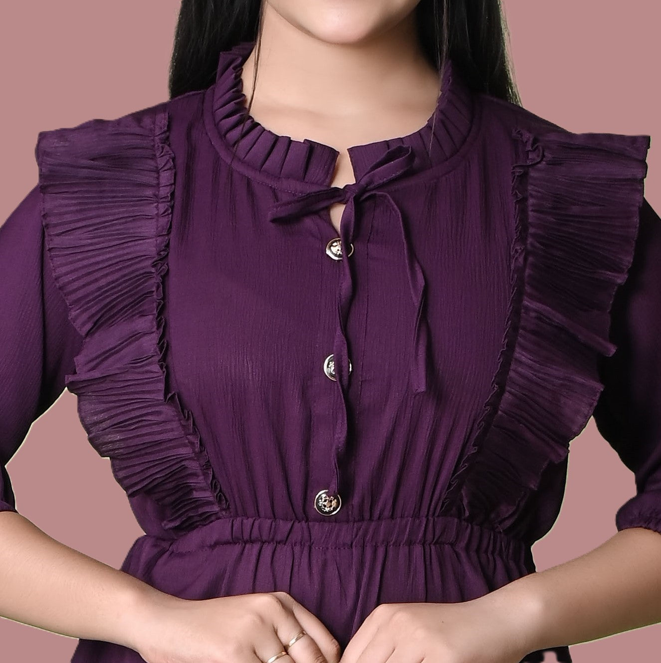 Sumistyles Women’s Wine Purple Crepe Peplum Top with Ruffle Neck & Bell Sleeves – Stylish Casual & Party Wear Tunic