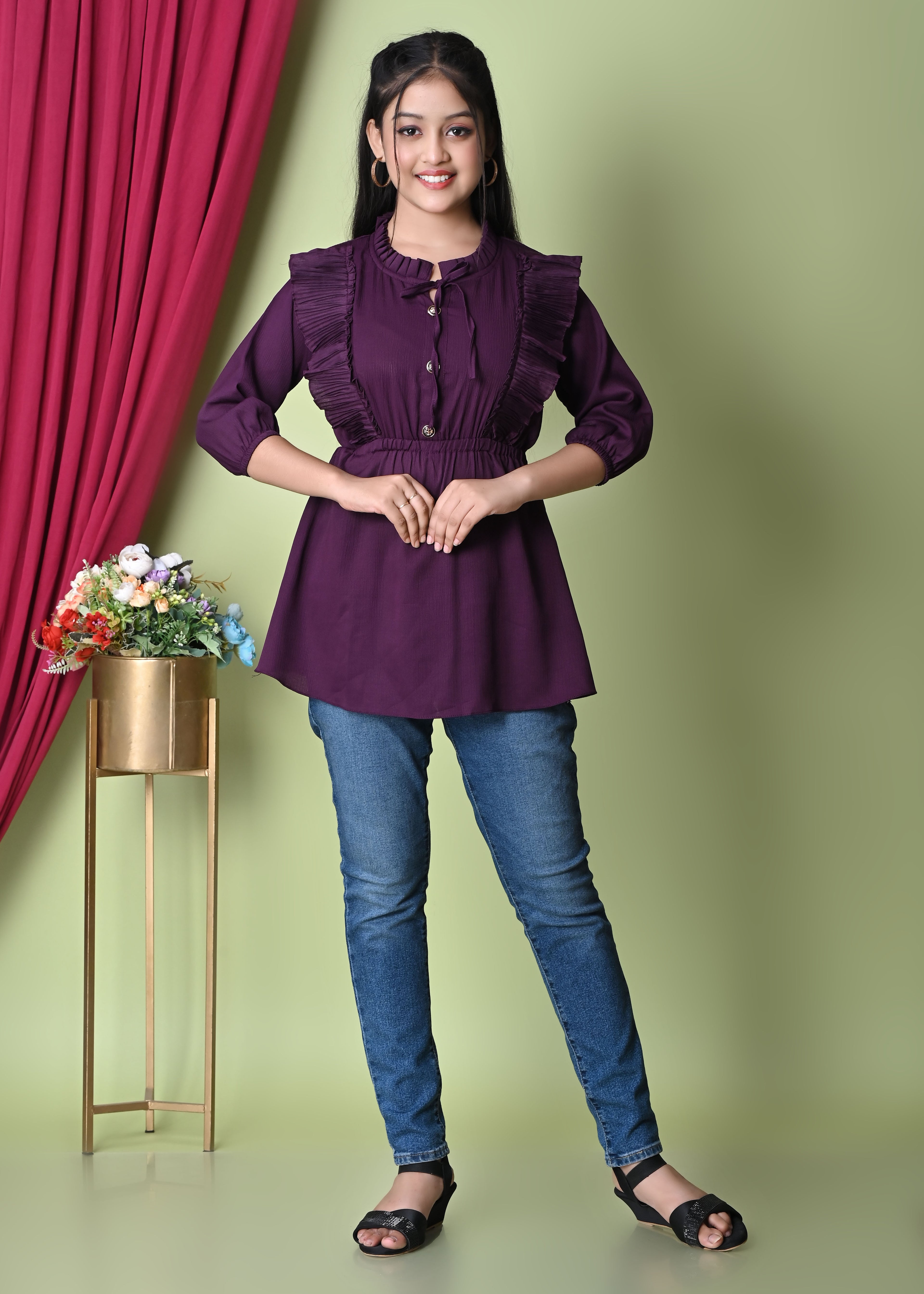 Designer Girls Top with Ruffles | Elegant Purple | 3/4 Sleeve | Party & Casual Wear | Crepe Fabric