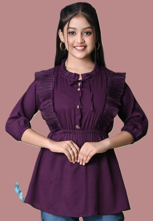 Sumistyles Women’s Wine Purple Crepe Peplum Top with Ruffle Neck & Bell Sleeves – Stylish Casual & Party Wear Tunic