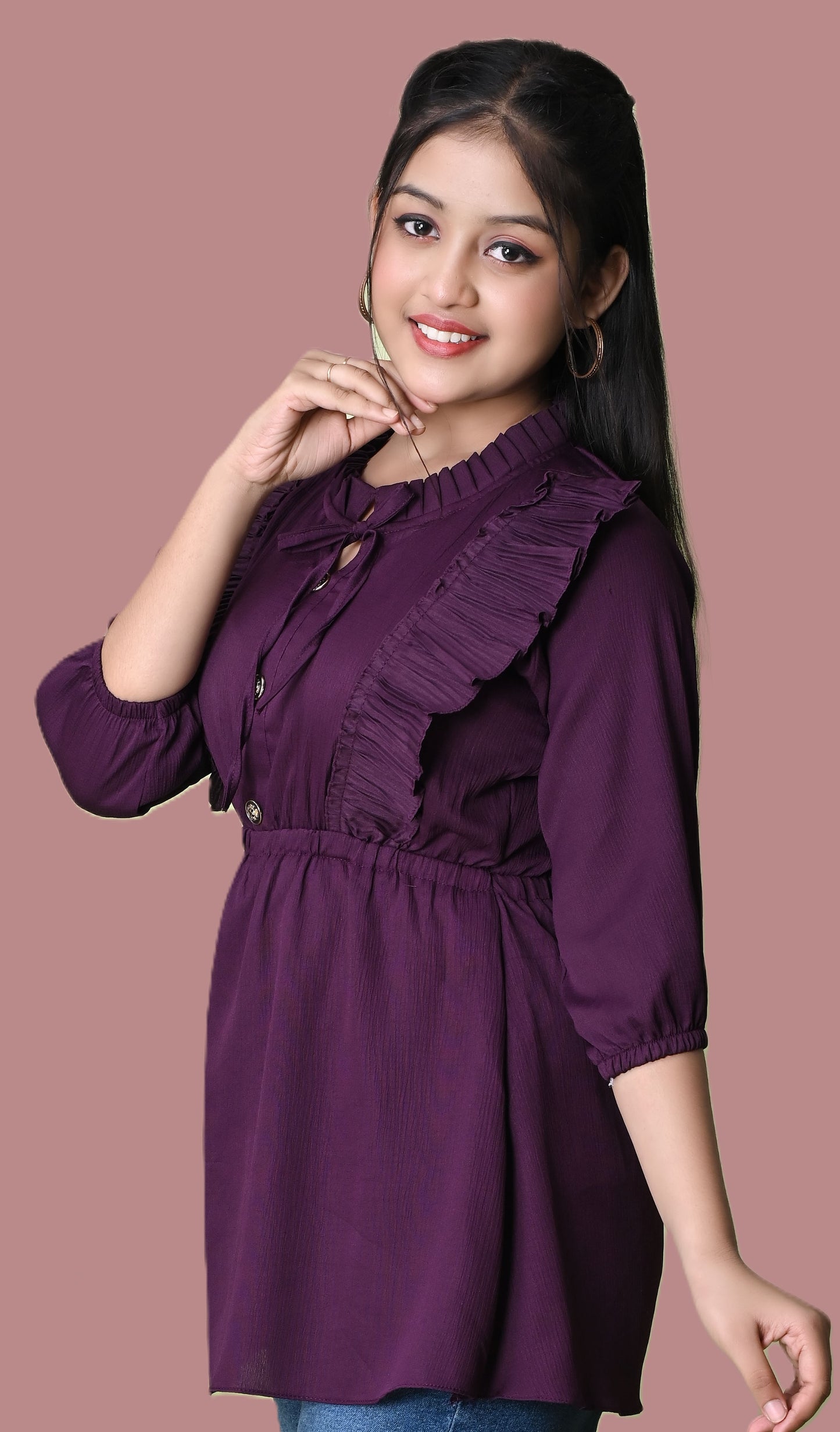 Sumistyles Women’s Wine Purple Crepe Peplum Top with Ruffle Neck & Bell Sleeves – Stylish Casual & Party Wear Tunic