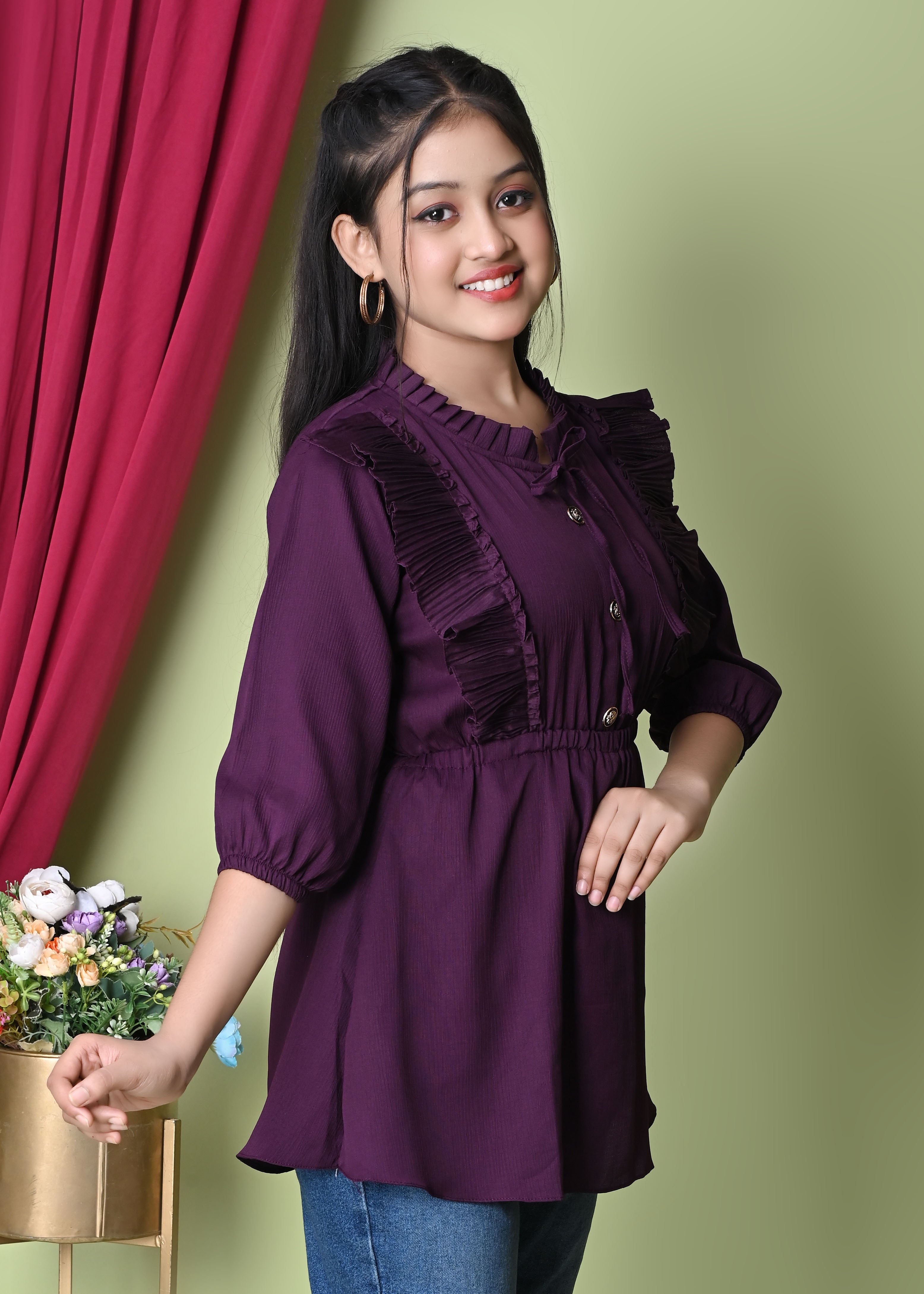 Designer Girls Top with Ruffles | Elegant Purple | 3/4 Sleeve | Party & Casual Wear | Crepe Fabric