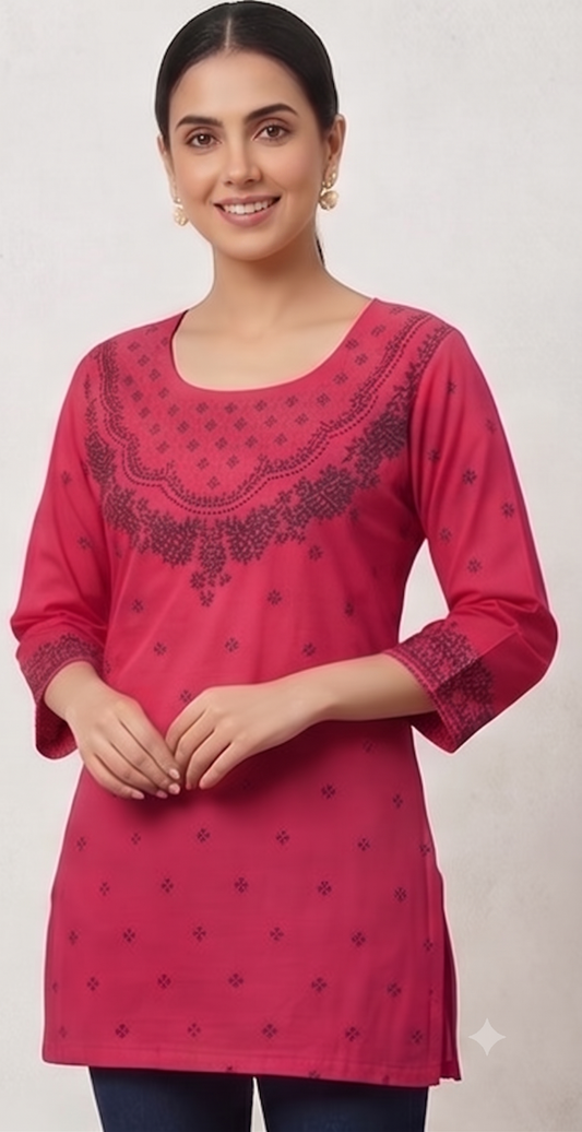 Women's Rose Pink Ethnic Printed Tunic Top | 3/4 Sleeve Casual & Office Wear Long Top for Women
