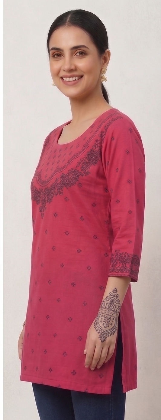 Women's Rose Pink Ethnic Printed Tunic Top | 3/4 Sleeve Casual & Office Wear Long Top for Women