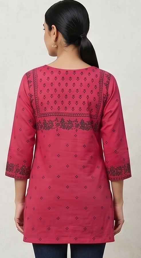 Women's Rose Pink Ethnic Printed Tunic Top | 3/4 Sleeve Casual & Office Wear Long Top for Women