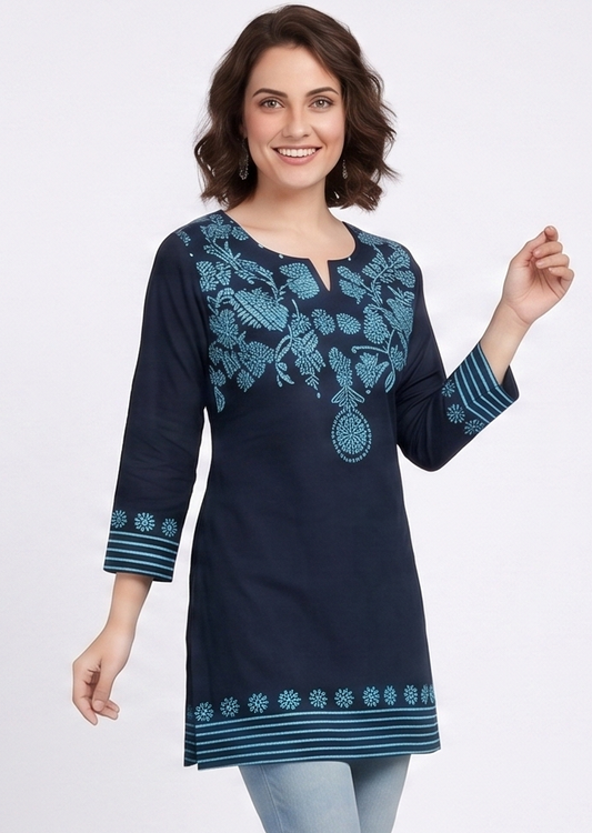 Women’s Navy Blue Printed Straight Kurti | Elegant Floral Ethnic Kurta for Women | Casual, Office & Daily Wear Kurti
