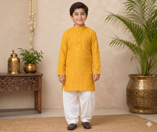 Boys Yellow Embroidered Kurta Pajama Set | Ethnic Wear for Boys | Festive & Wedding Traditional Outfit