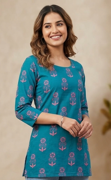 Women's Teal Blue Floral Printed Cotton Blend Tunic Top | 3/4 Sleeves Casual & Office Wear Kurti Top for Women