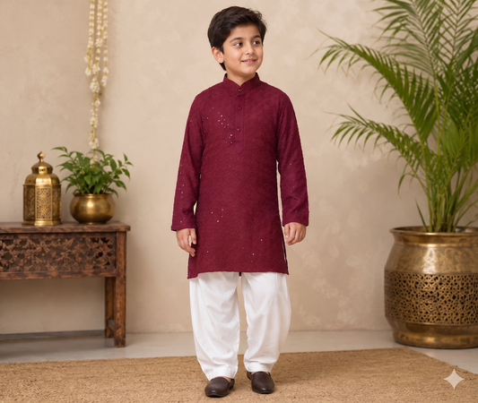 Boys Maroon Embroidered Kurta Pajama Set | Ethnic Wear for Boys | Festive & Wedding Traditional Outfit