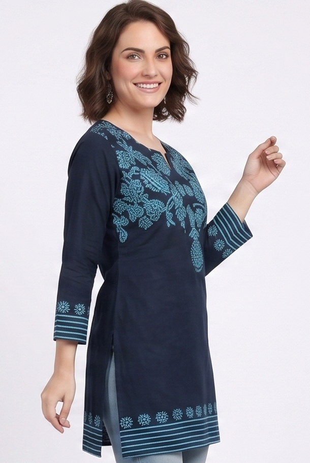 Women’s Navy Blue Printed Straight Kurti | Elegant Floral Ethnic Kurta for Women | Casual, Office & Daily Wear Kurti