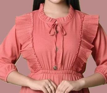 Sumistyles Girls Peach Top with Ruffle Design & Tie-Up Neck | Stylish 3/4th Sleeve Casual/Party Wear Top | Crepe fabric
