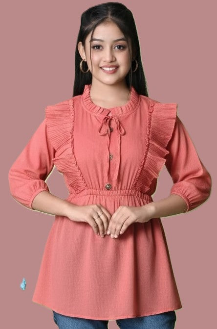 Sumistyles Girls Peach Top with Ruffle Design & Tie-Up Neck | Stylish 3/4th Sleeve Casual/Party Wear Top | Crepe fabric